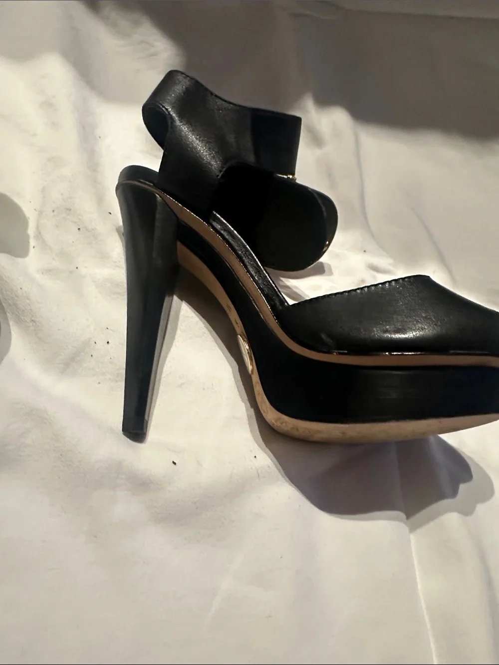 bebe Black Leather Open-Toe Grommet Slingback Heels
